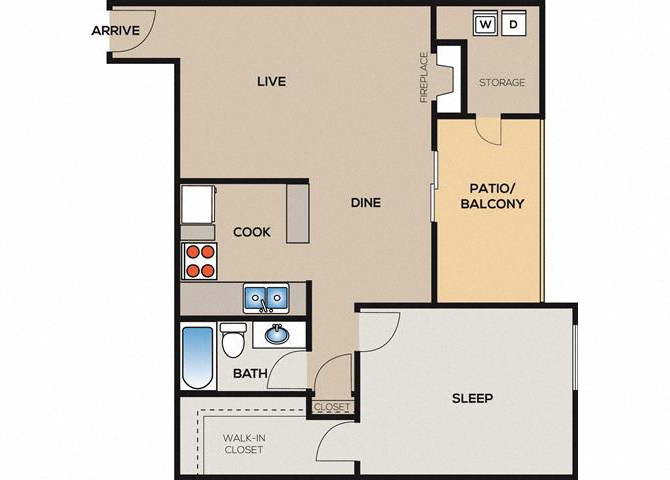 Floor plan for 1 bed, 1 bath, 721 sqft